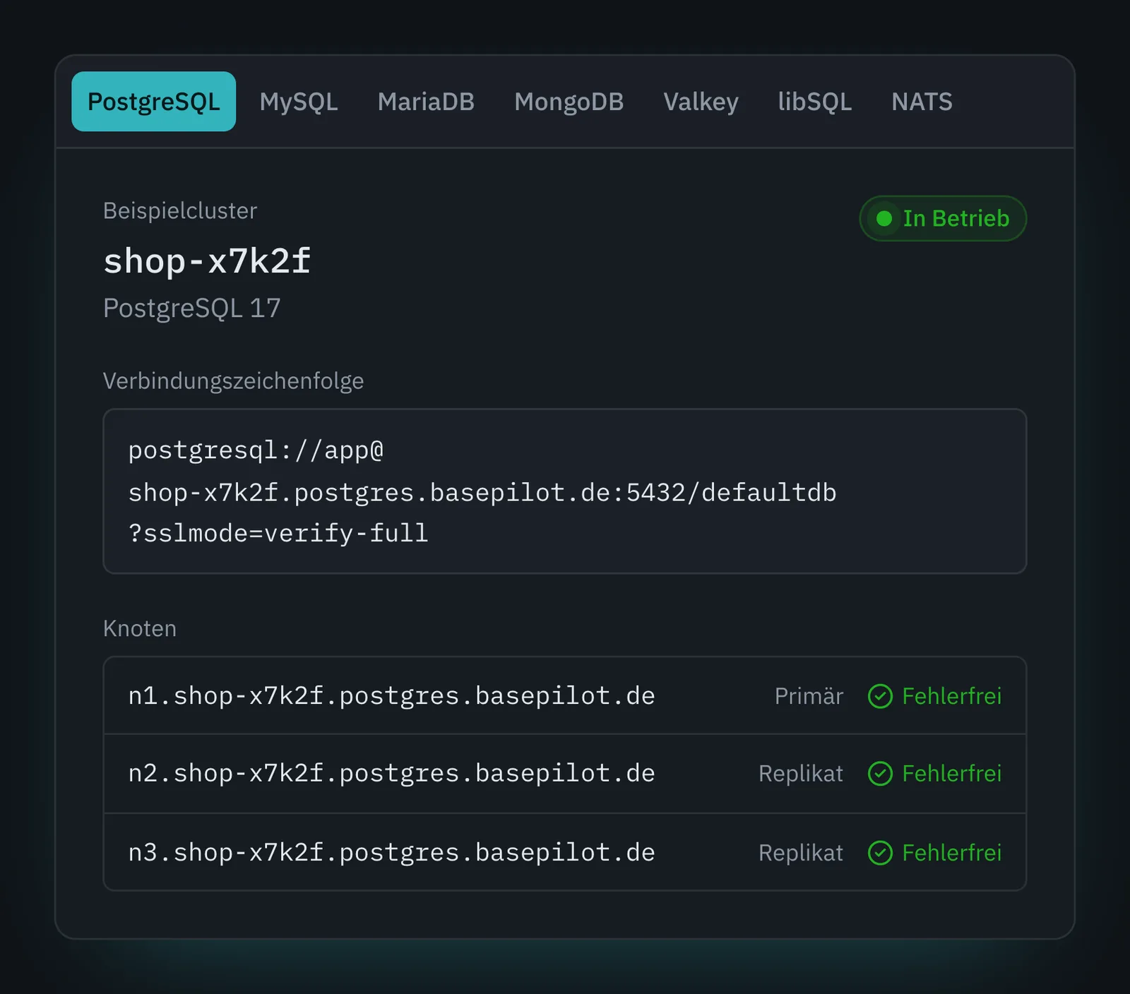 Ein Beispielcluster in BasePilot: PostgreSQL 17 mit drei fehlerfreien Knoten