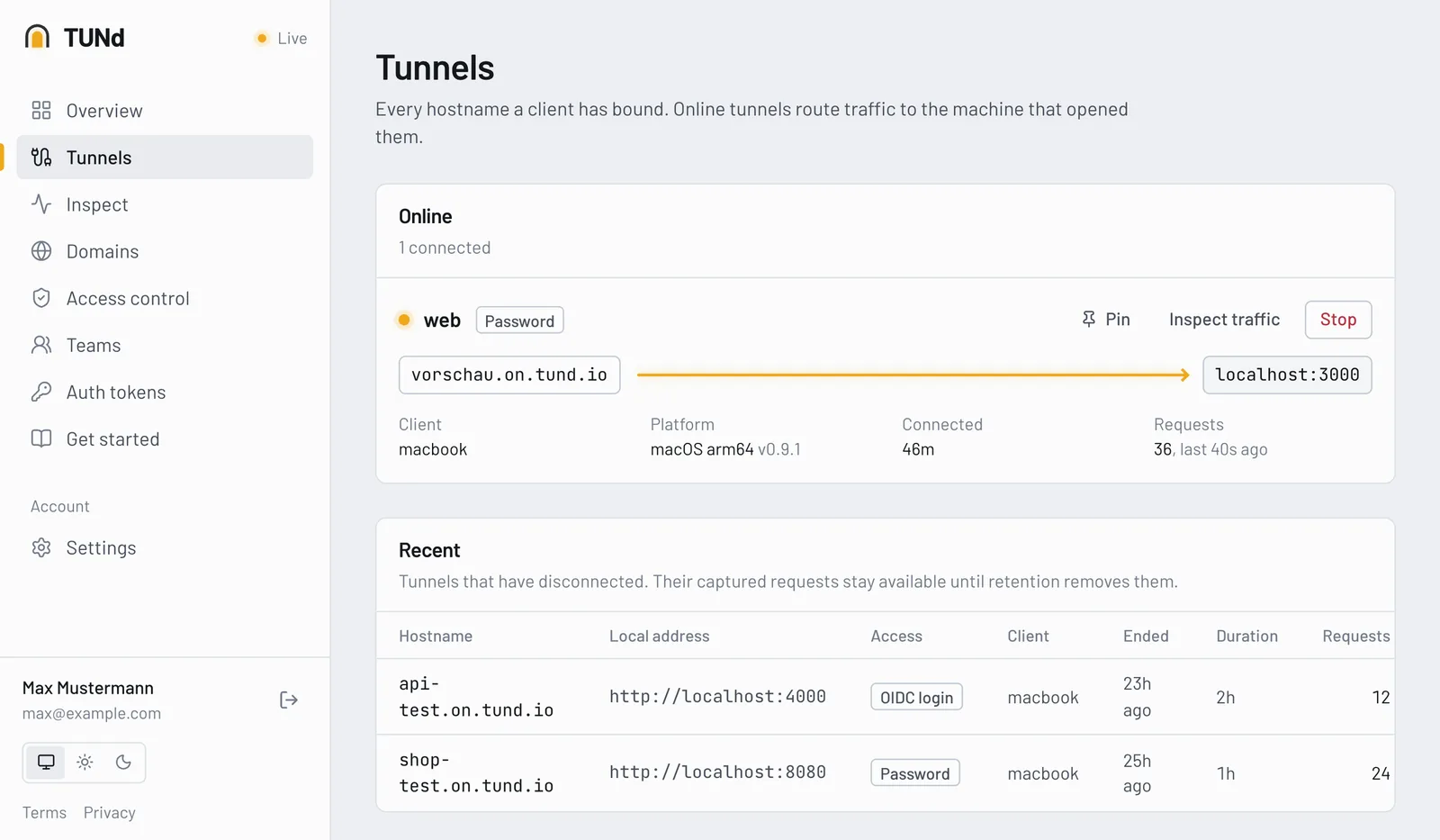 Ein laufender Tunnel in tund: vorschau.on.tund.io führt mit Passwort auf localhost:3000, Beispieldaten